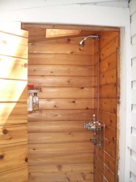 Outdoor enclosed shower with skylight