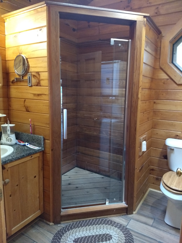 Bathroom with large wood shower